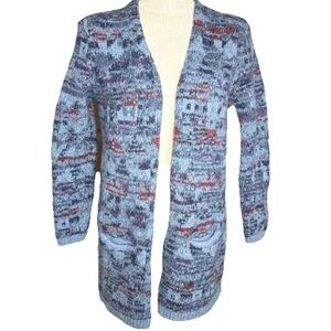 LL Bean Signature Blue Multicolor Lambswool Cardigan